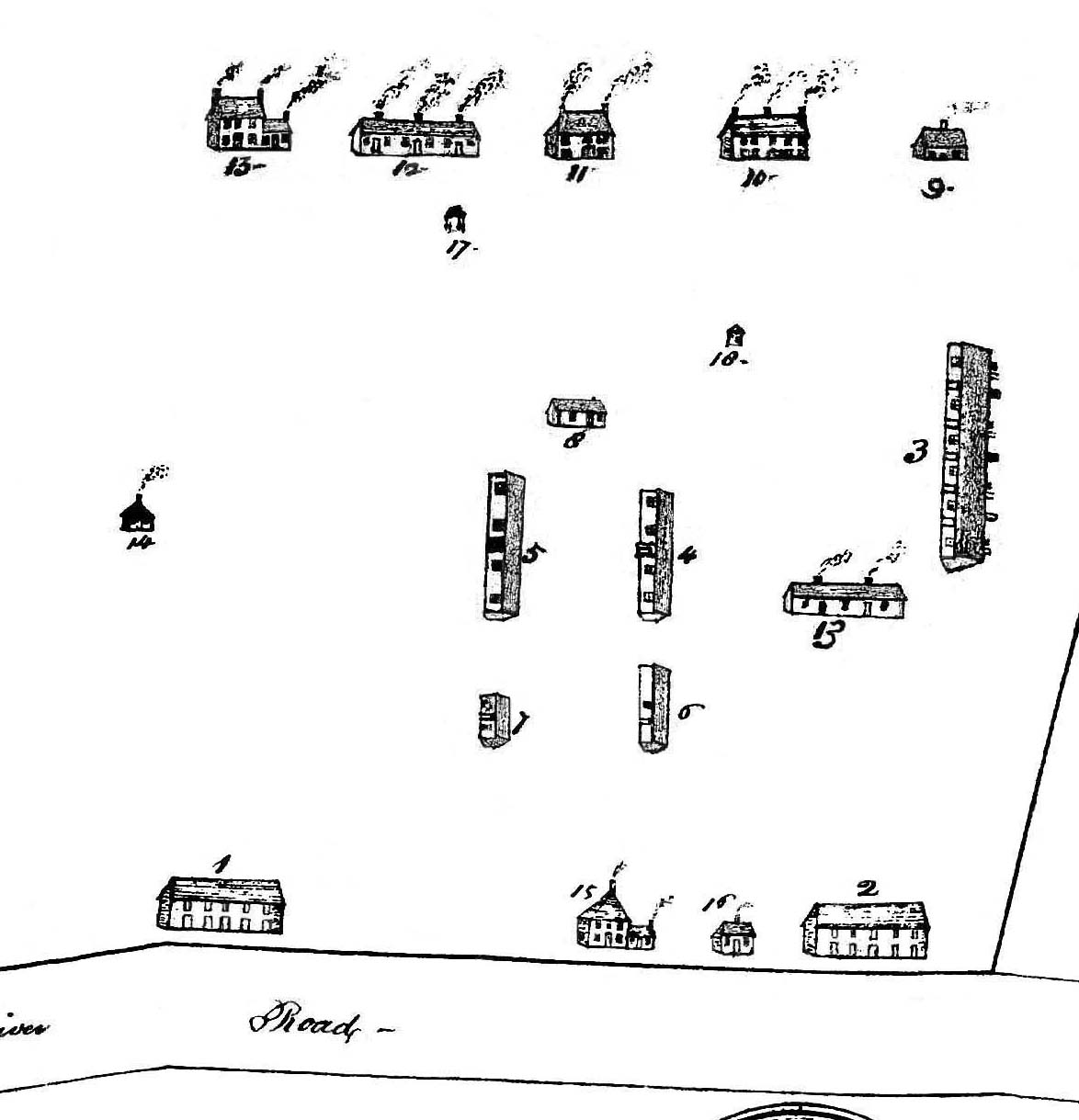 1801 B/W hand drawn map of the buildings at the Arsenal