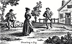 woodcut of couple dancing a jig outside