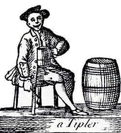 wood cut of a man drinking from a tankard